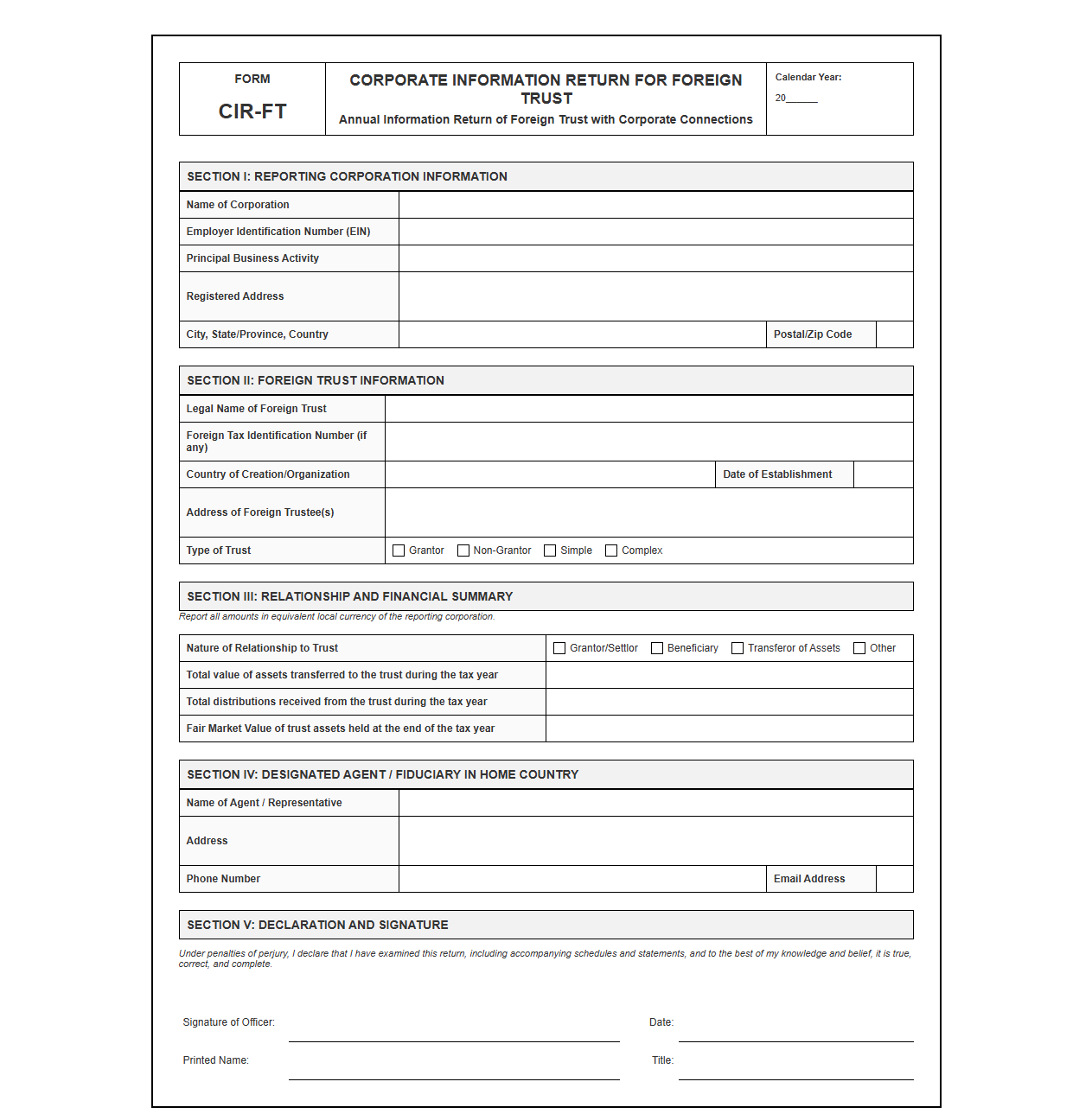 Corporate Information Report Template for Foreign Trusts