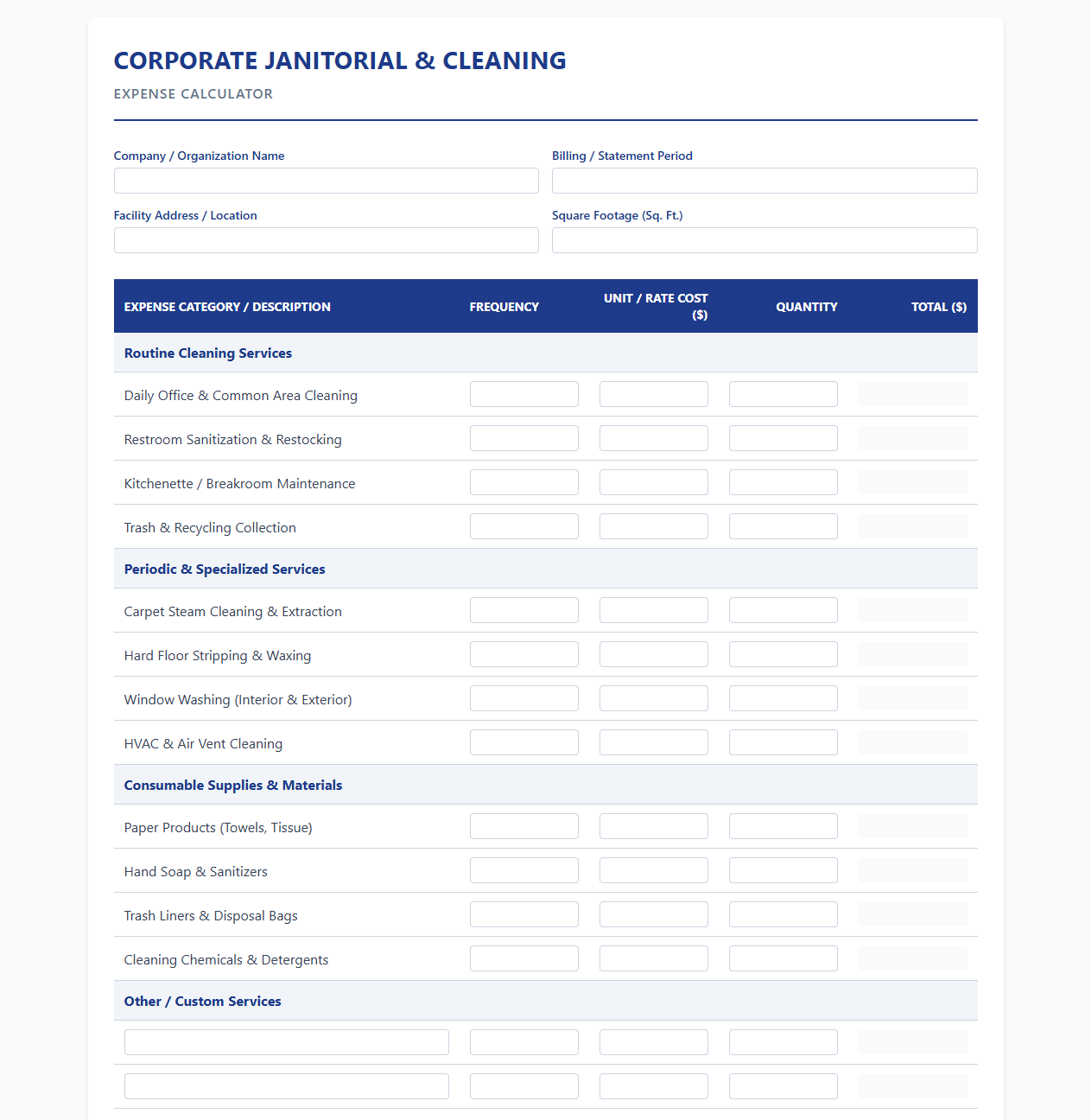 Corporate Janitorial and Cleaning Expense Calculator