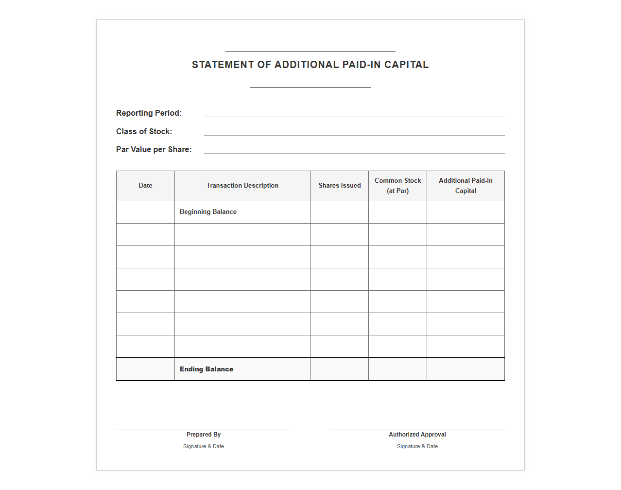 Corporate Paid-In Capital Statement Template