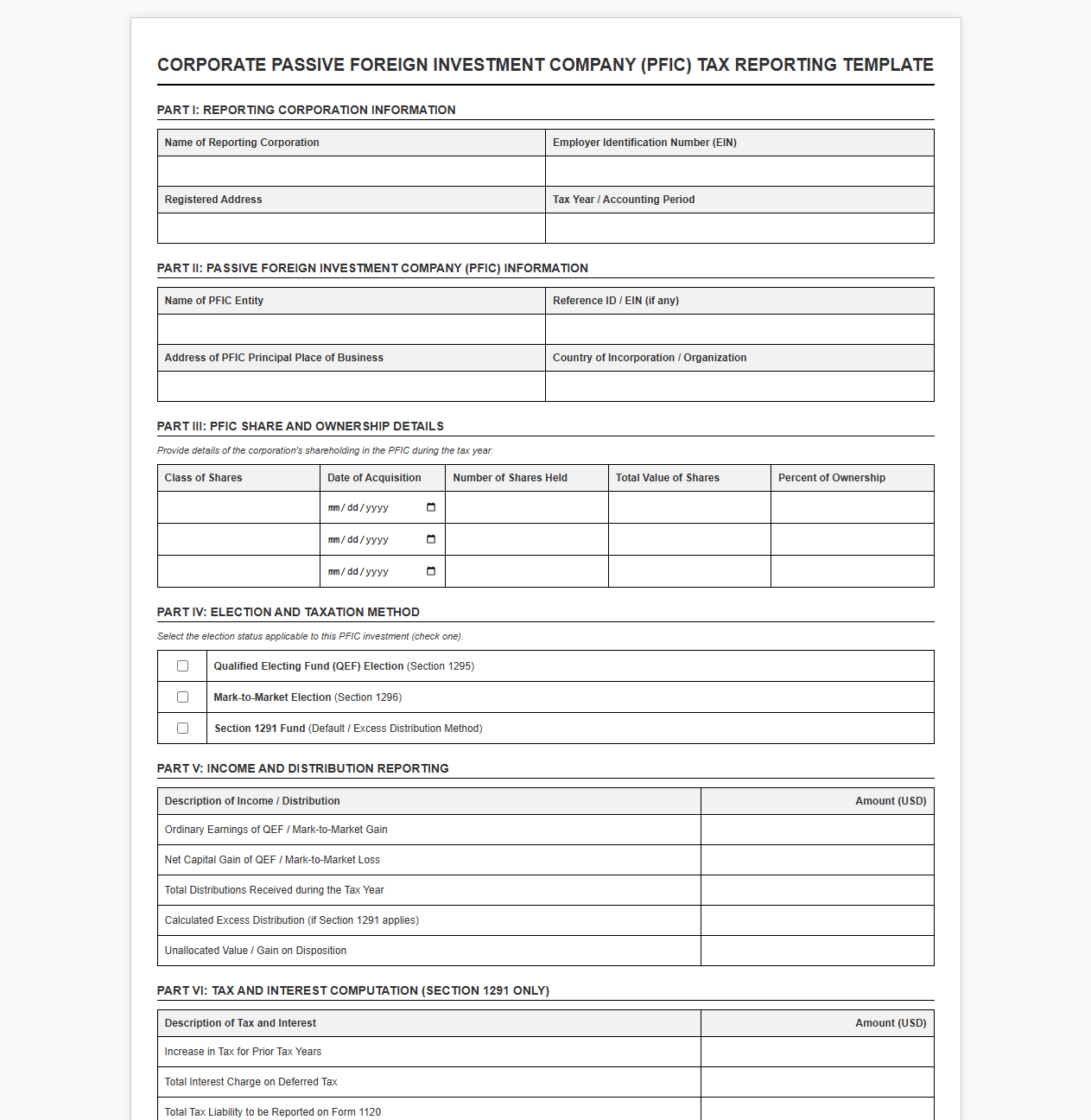 Corporate Passive Foreign Investment Company Tax Reporting Template