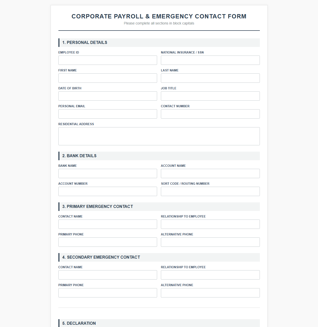 Corporate Payroll Details and Emergency Contacts Template