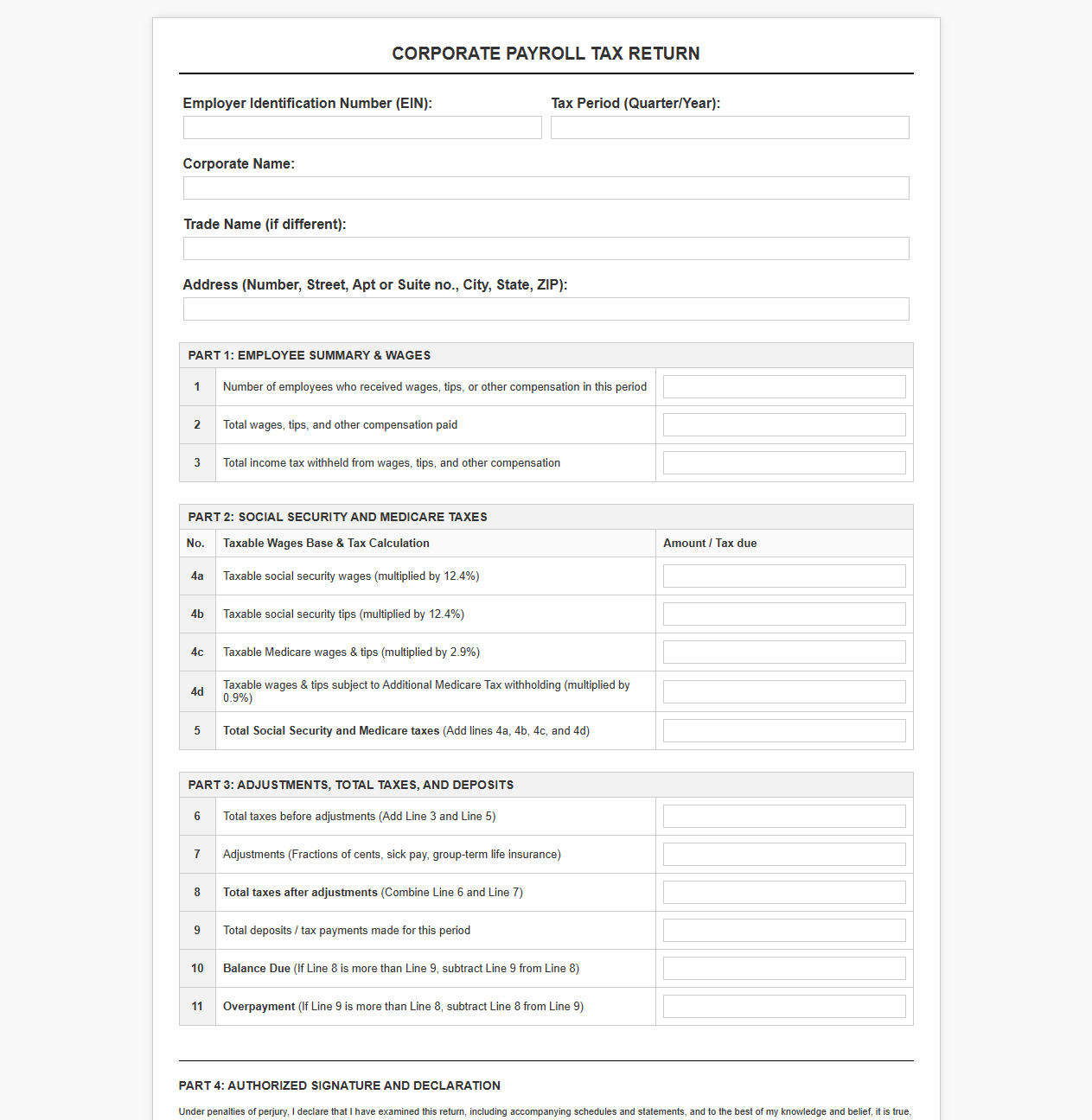 Corporate Payroll Tax Filing Template