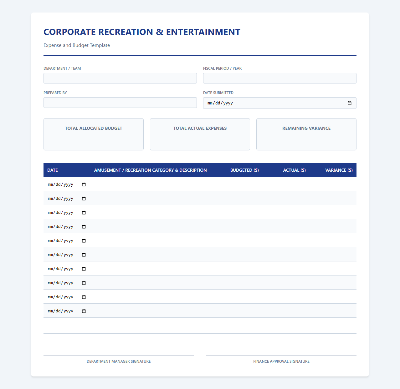 Corporate Recreation and Entertainment Budget Template