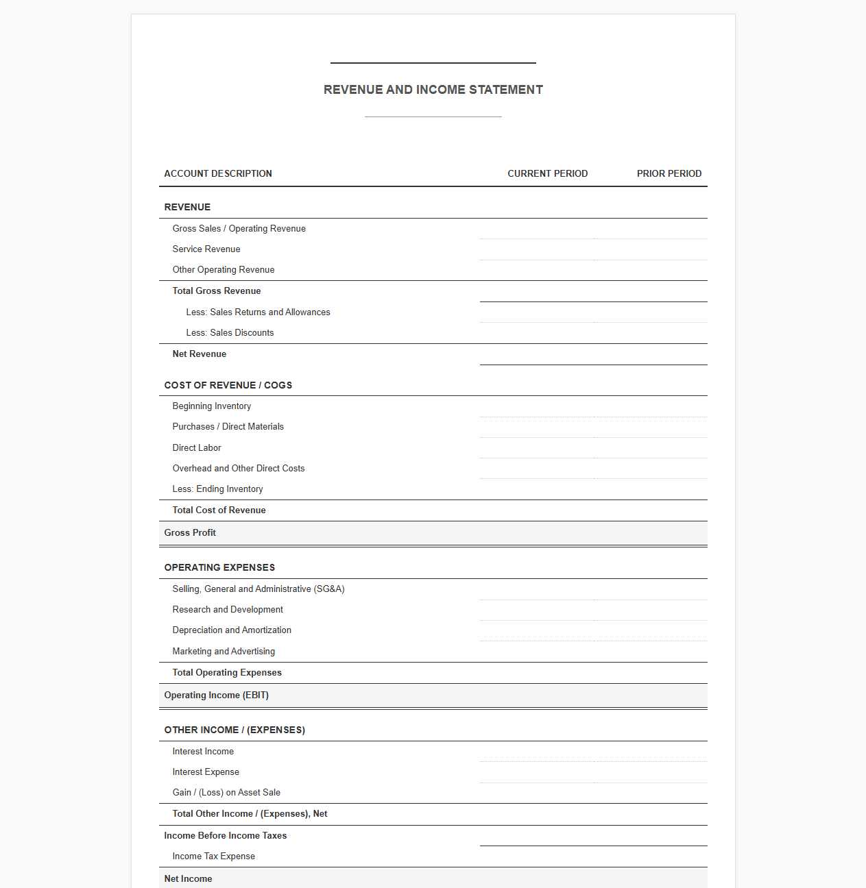 Corporate Revenue and Income Statement Template