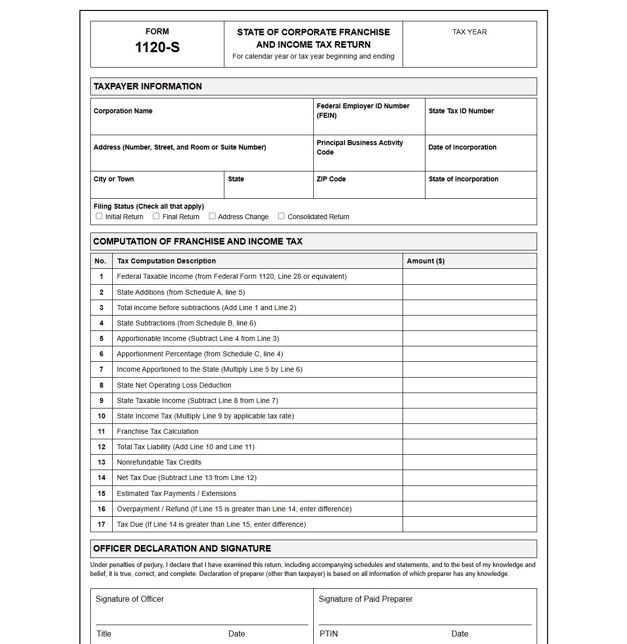 Corporate State Franchise and Income Tax Return Template