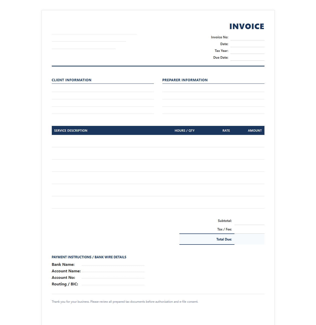 Corporate Tax Preparation Services Invoice