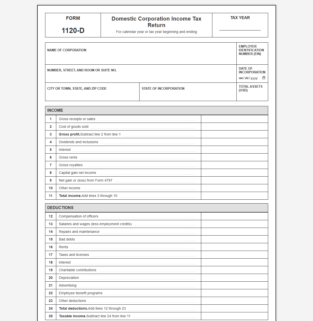 Corporate Tax Return Template for Domestic Entities
