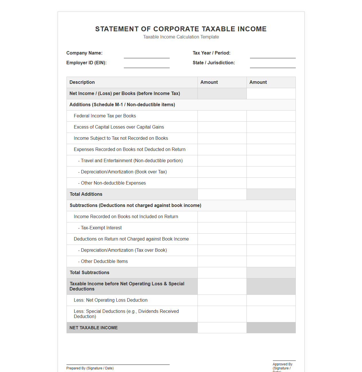 Corporate Taxable Income Calculation Template