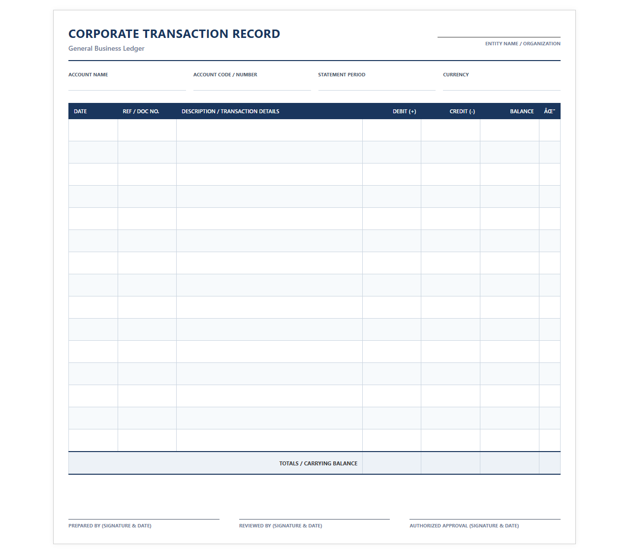 Corporate Transaction Record and Ledger Sheet