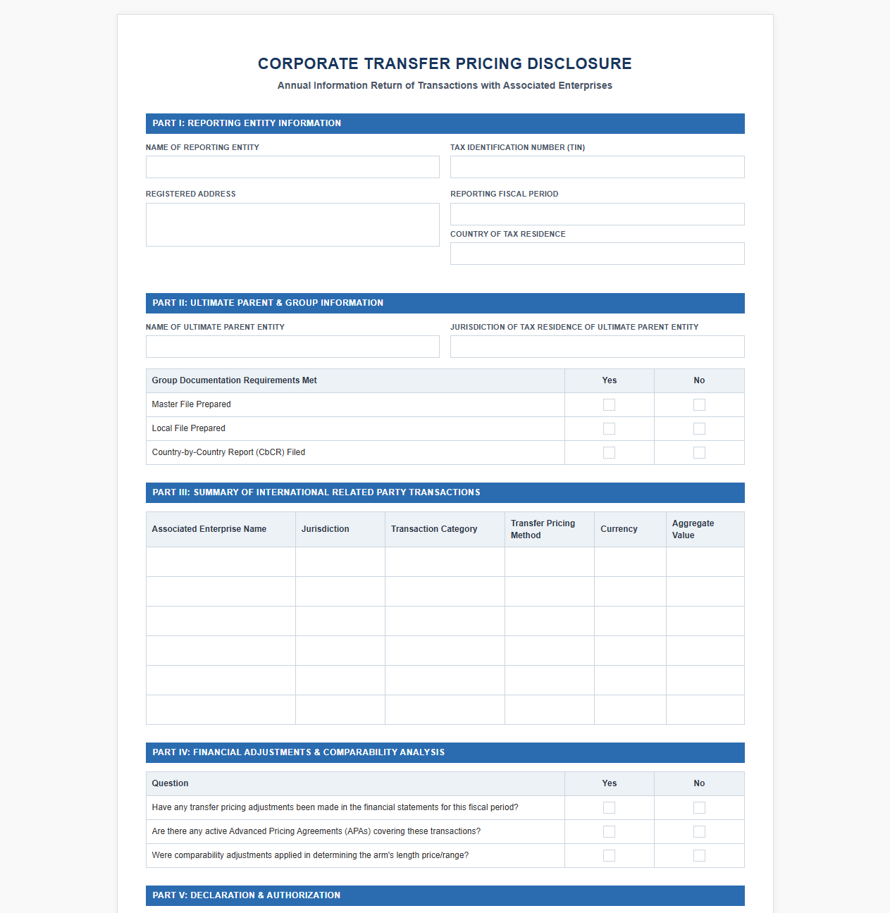 Corporate Transfer Pricing Disclosure Form