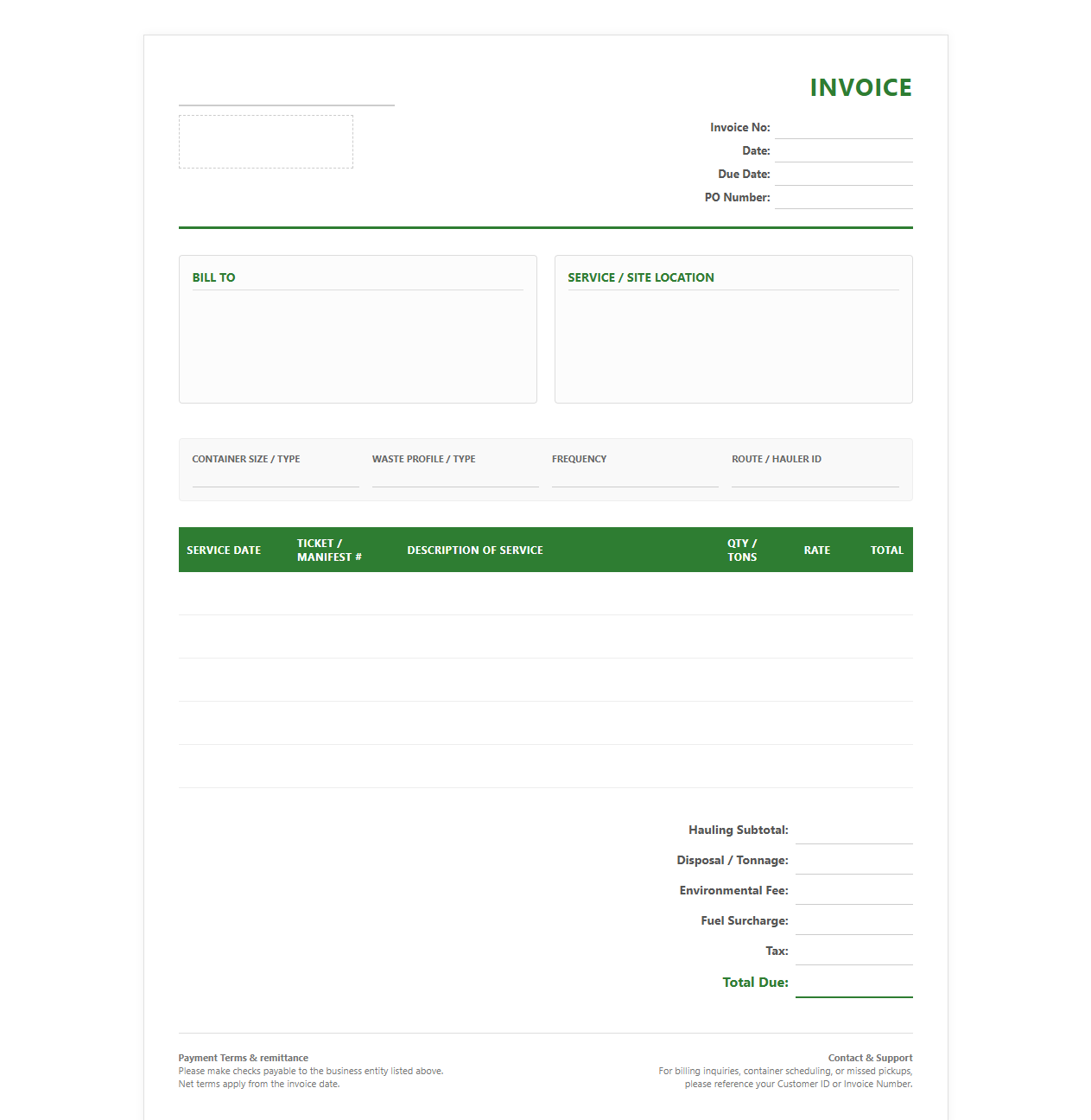 Corporate Waste Hauling and Disposal Invoice