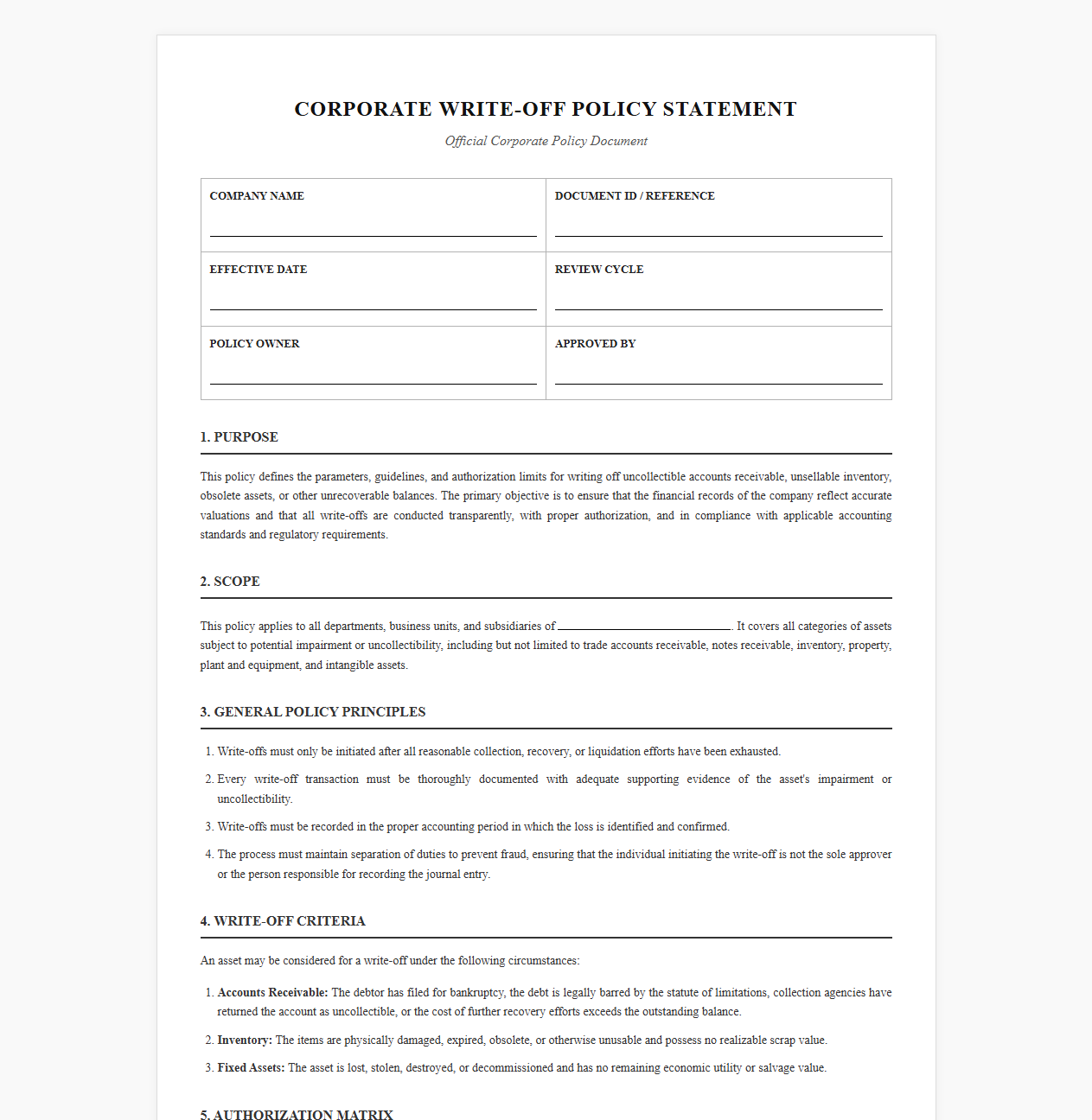 Corporate Write-Off Policy Statement Template