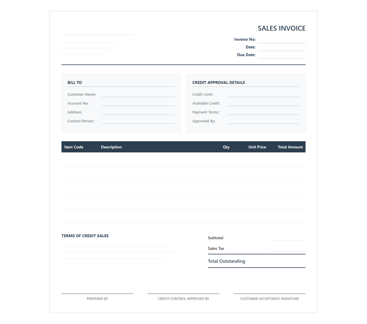 Credit Approved Sales Invoice Template