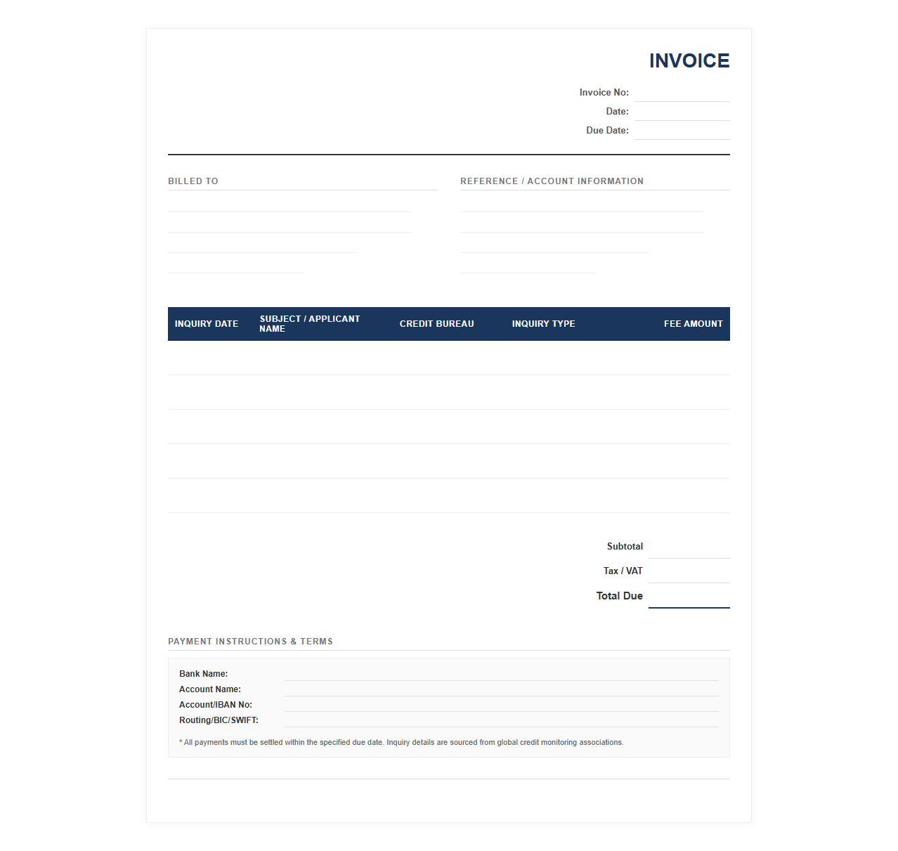 Credit Bureau Inquiry Fee Invoice Template