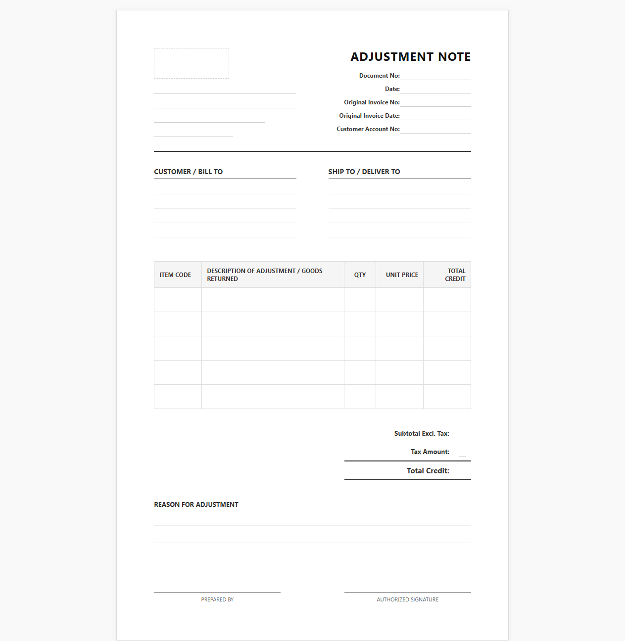Credit Statement and Adjustment Note Template