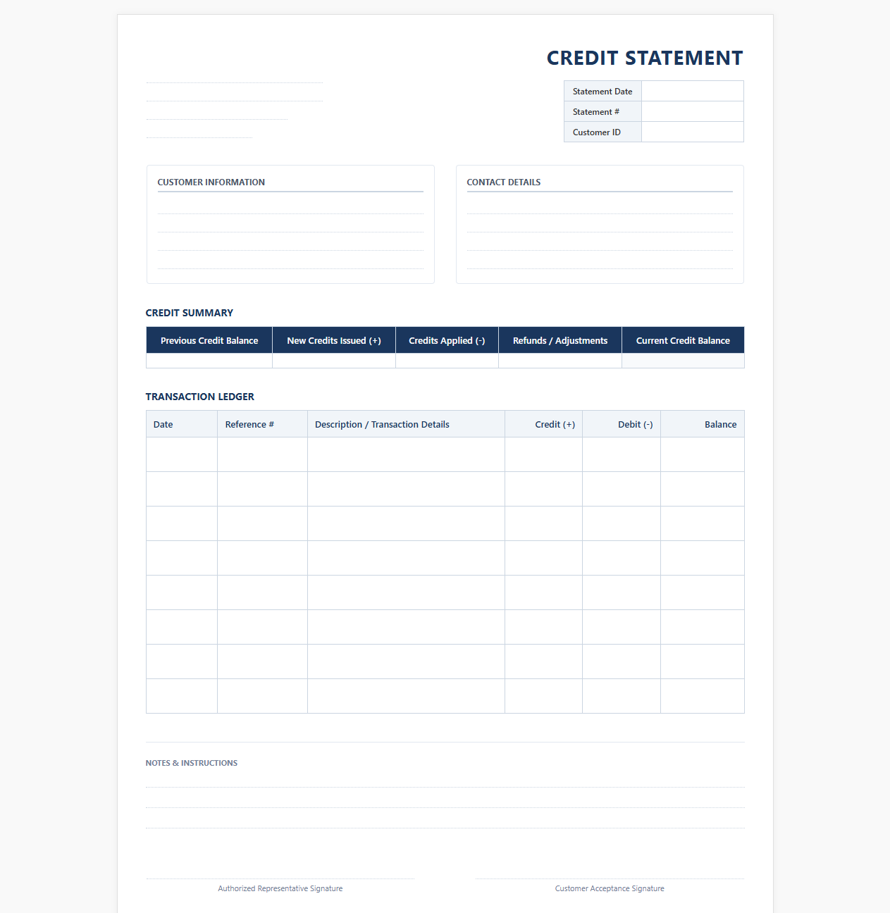 Customer Credit Ledger Billing Statement Template