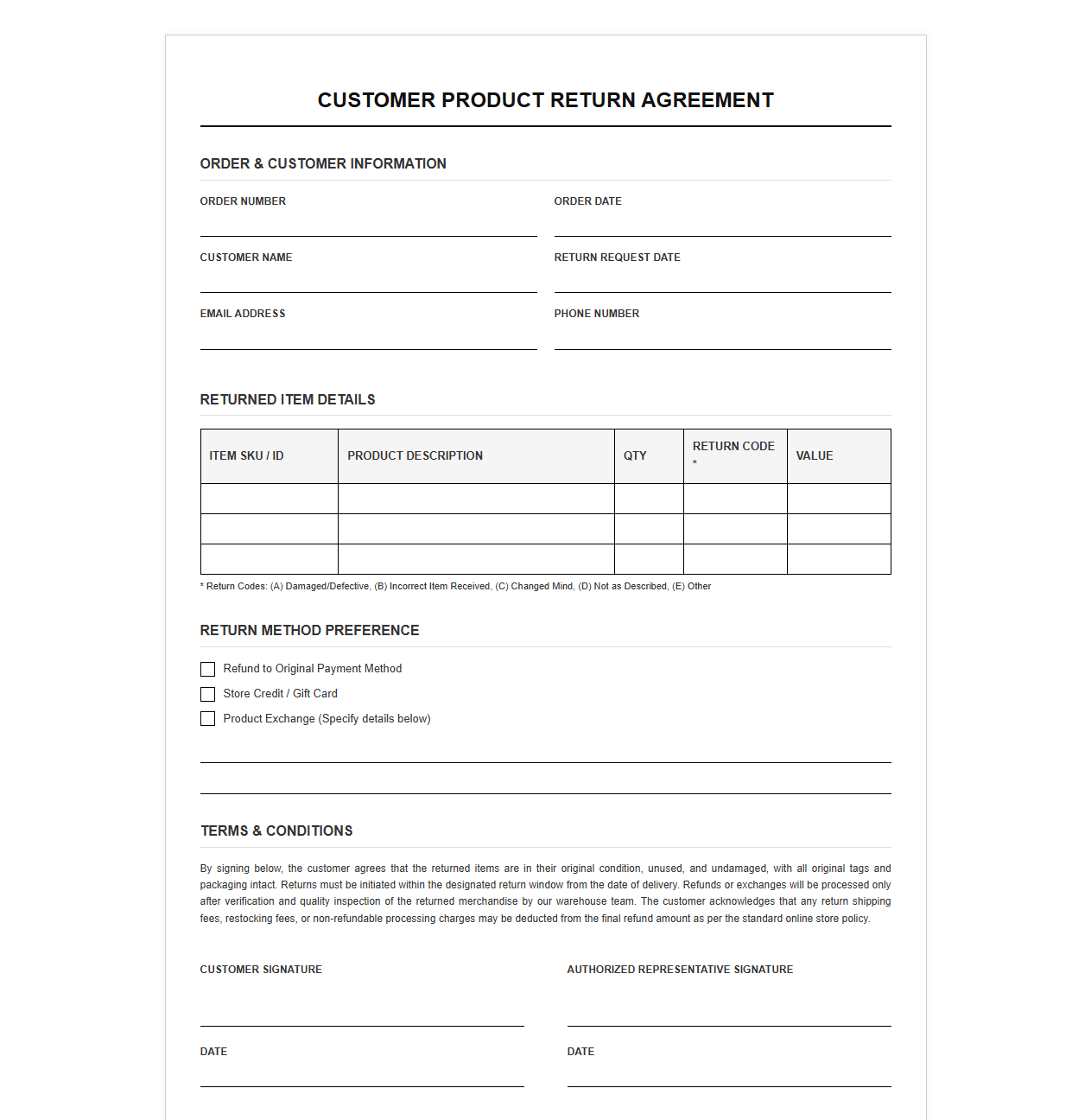 Customer Product Return Agreement for Online Sales