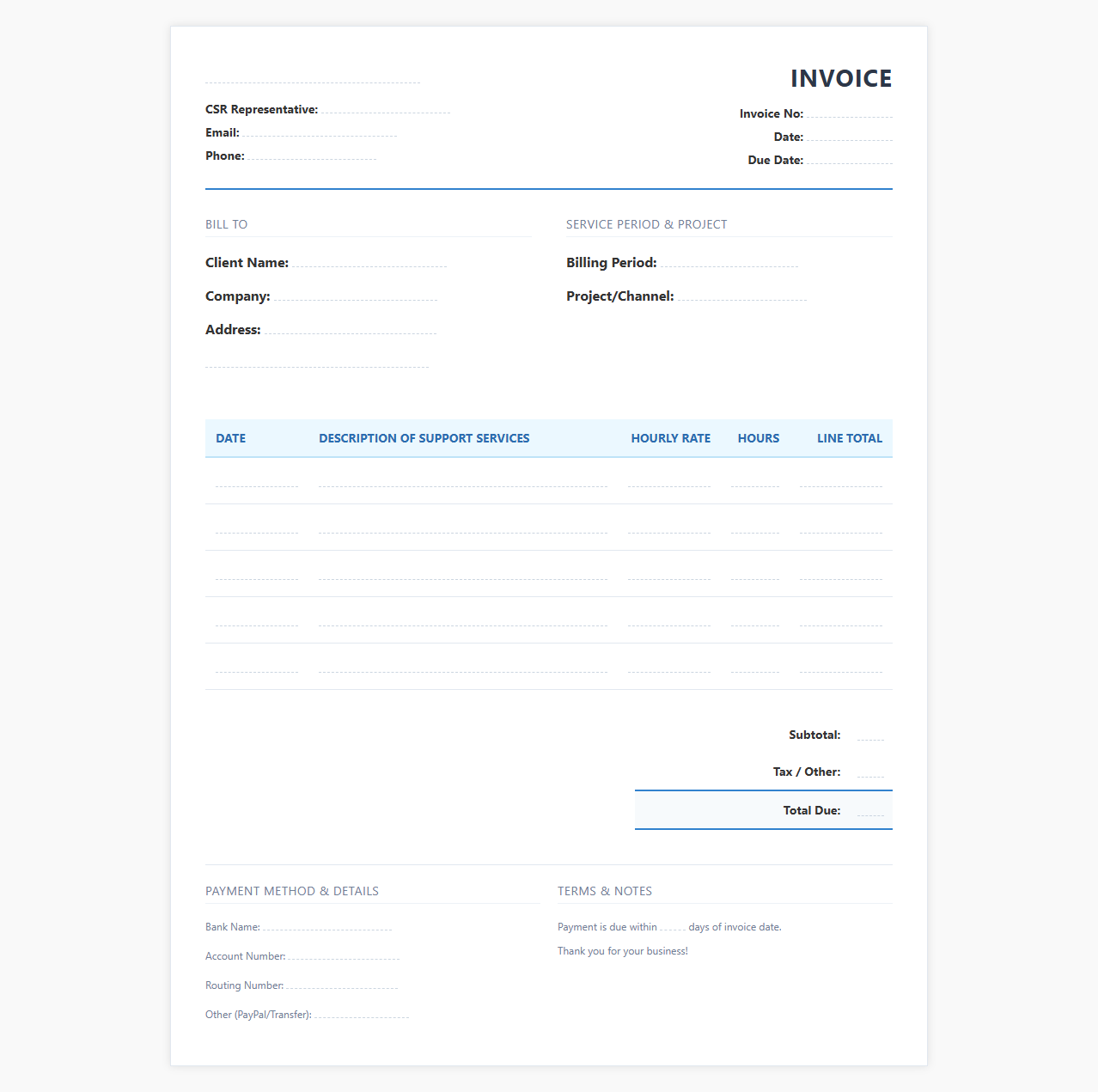 Customer Service Representative Hourly Invoice