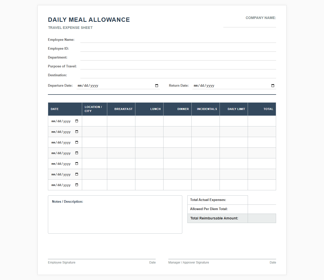 Daily Meal Allowance Travel Expense Sheet