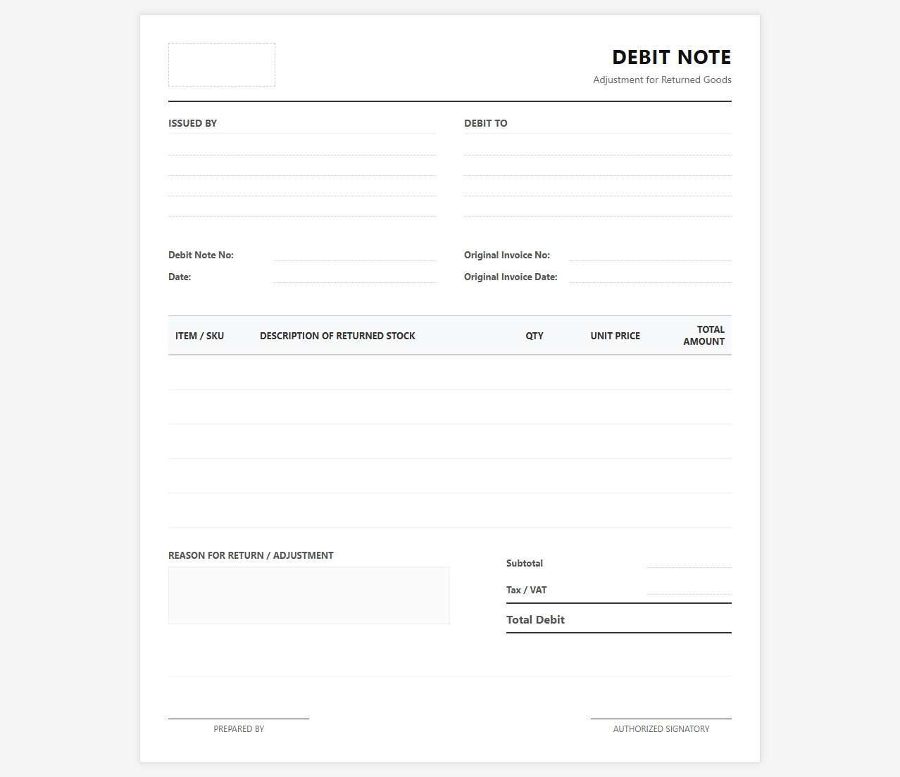 Debit Adjustment Invoice for Returned Stock