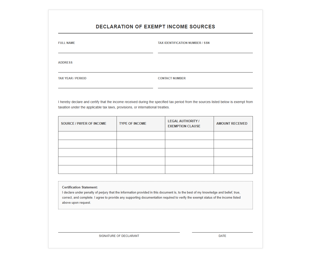 Declaration of Exempt Income Sources