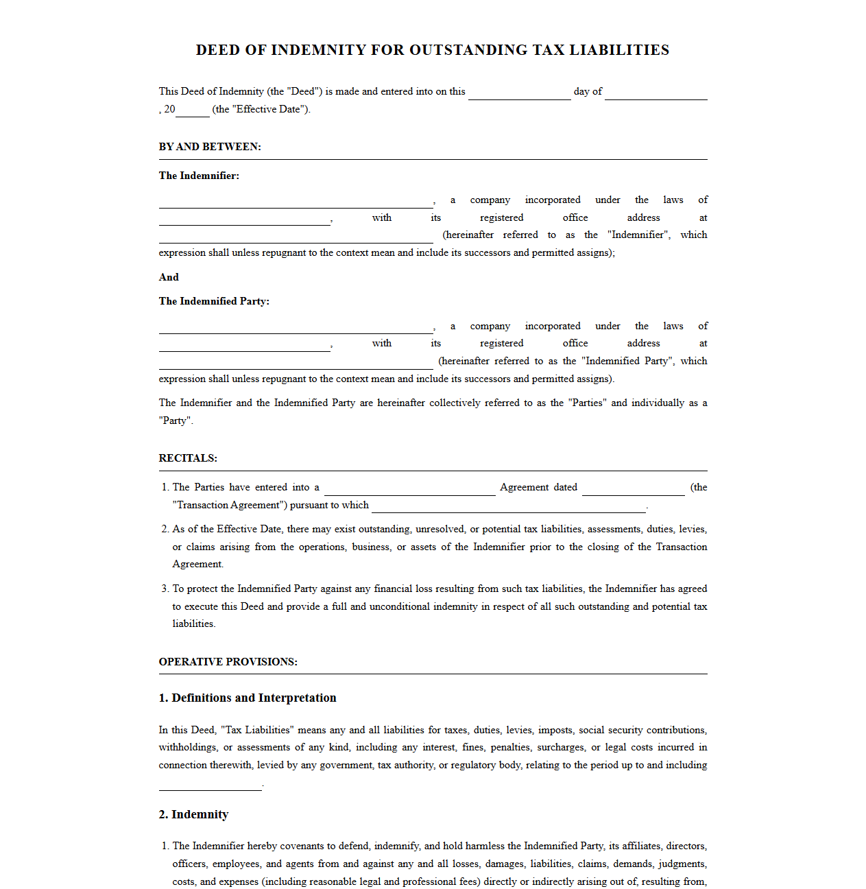 Deed of Indemnity for Outstanding Tax Liabilities