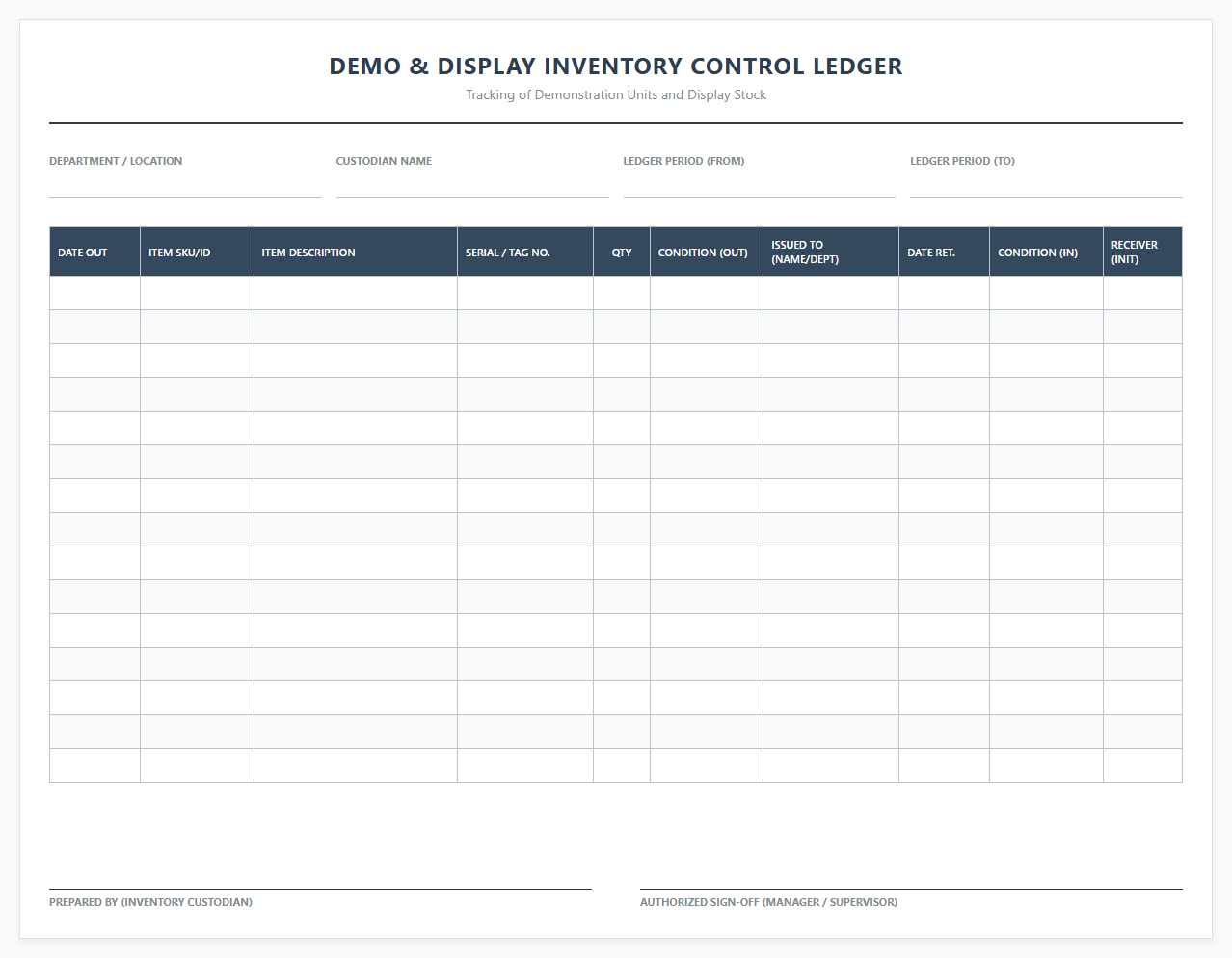 Demo and Display Inventory Control Ledger