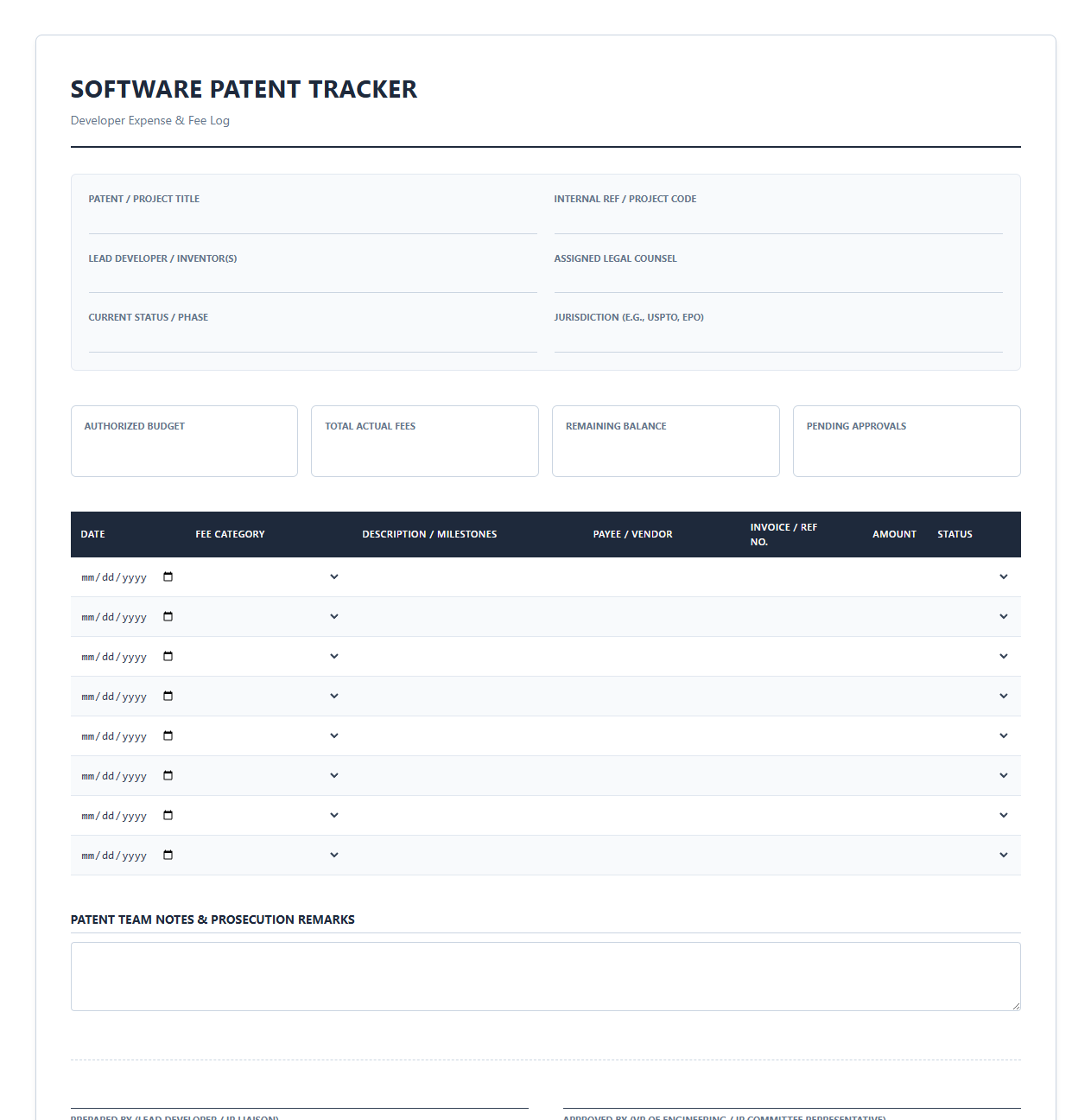 Developer Patent Expense and Fee Tracker