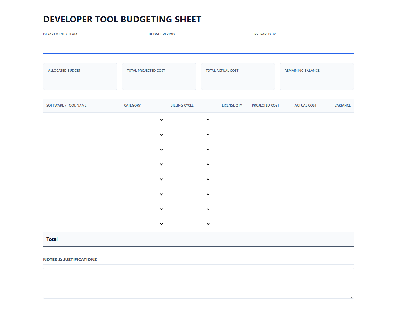 Developer Tool Budgeting Sheet