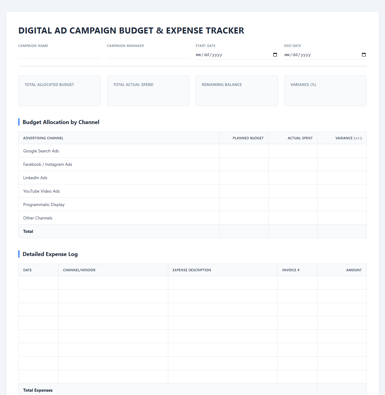Digital Ad Campaign Budget and Expense Tracker