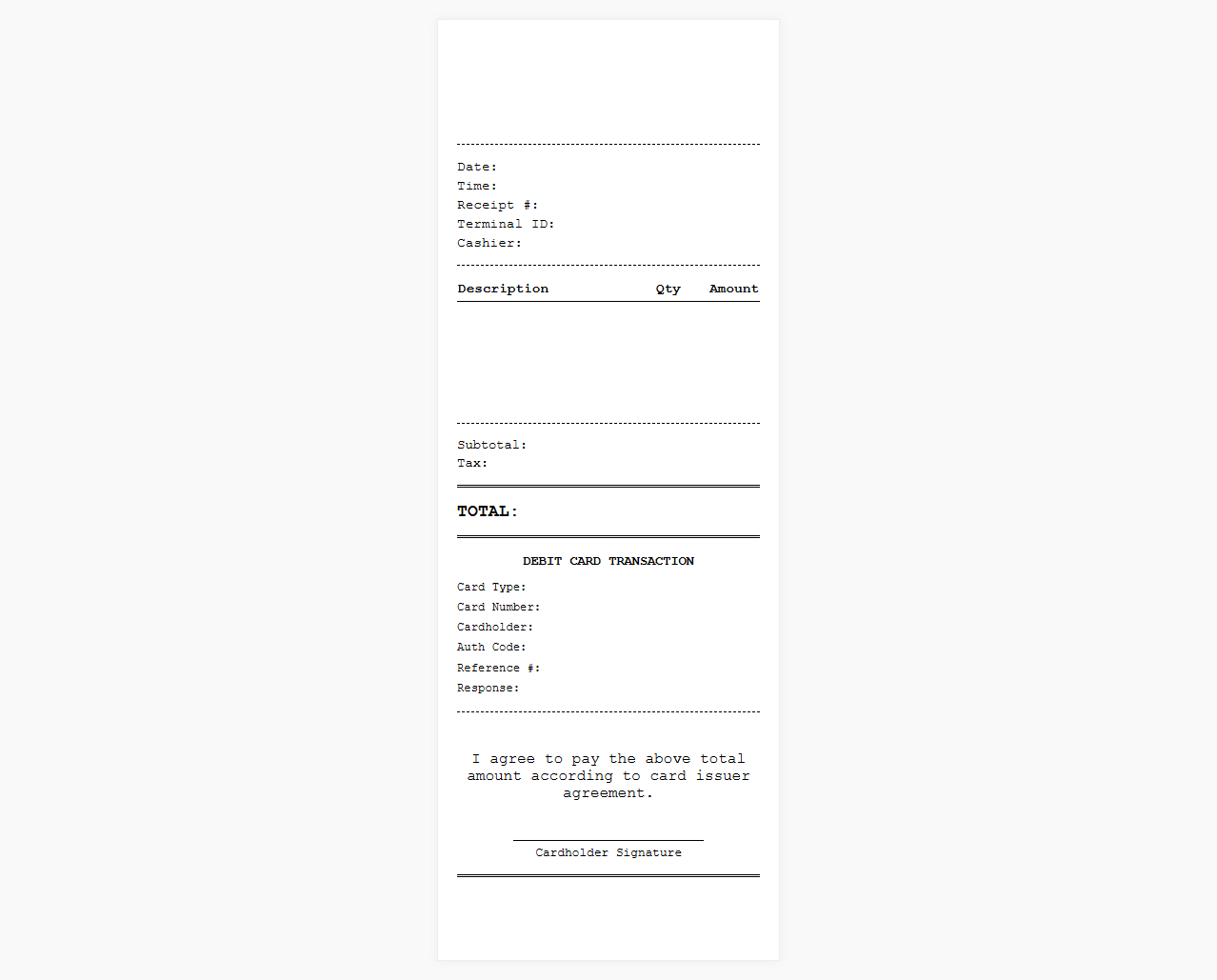 Digital Debit Card Sales Receipt Template