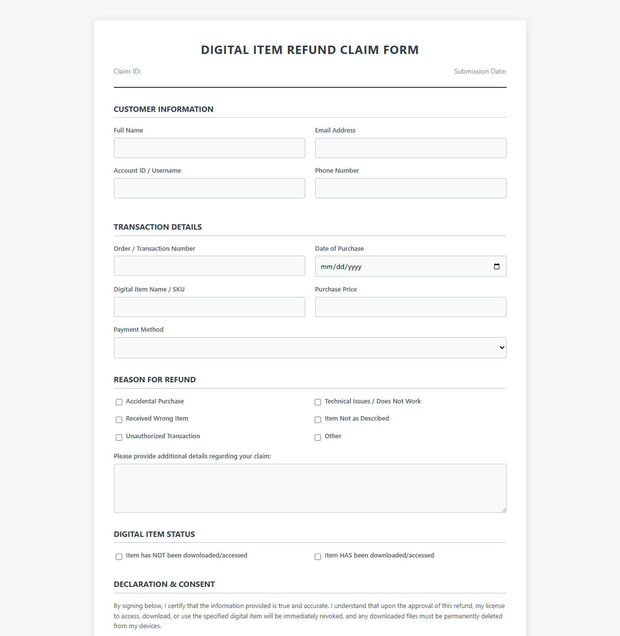 Digital Item Refund Claim Template