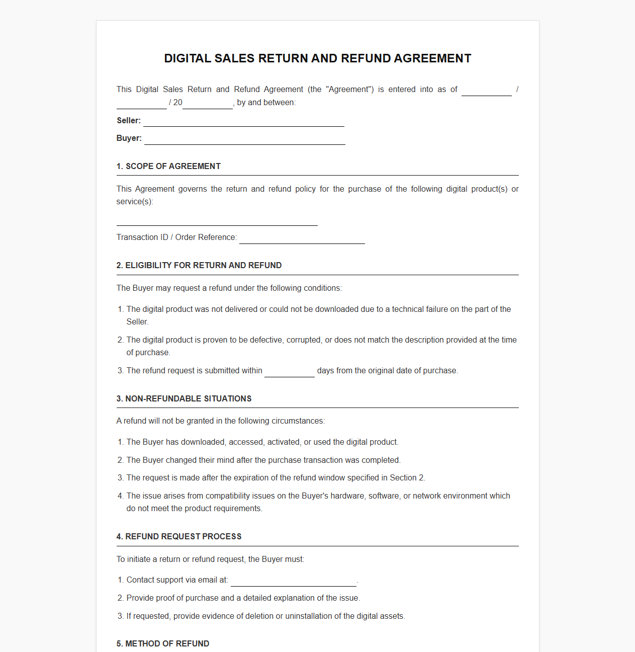 Digital Sales Return and Refund Agreement