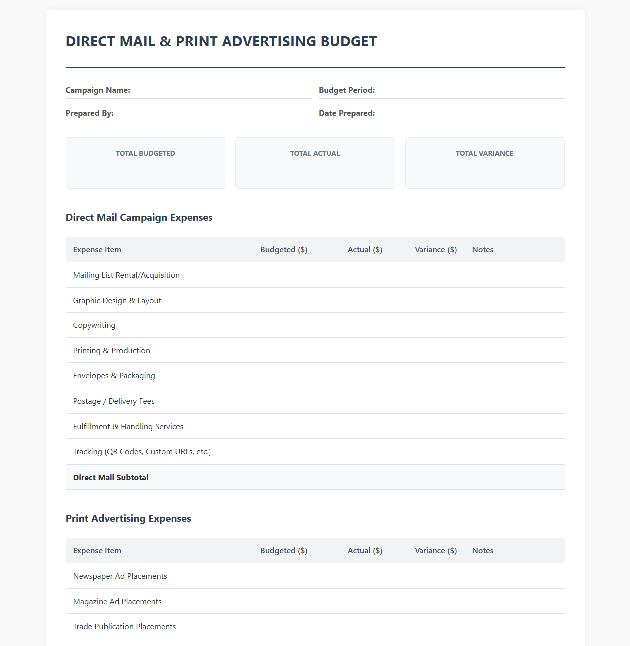 Direct Mail and Print Ad Budget Template