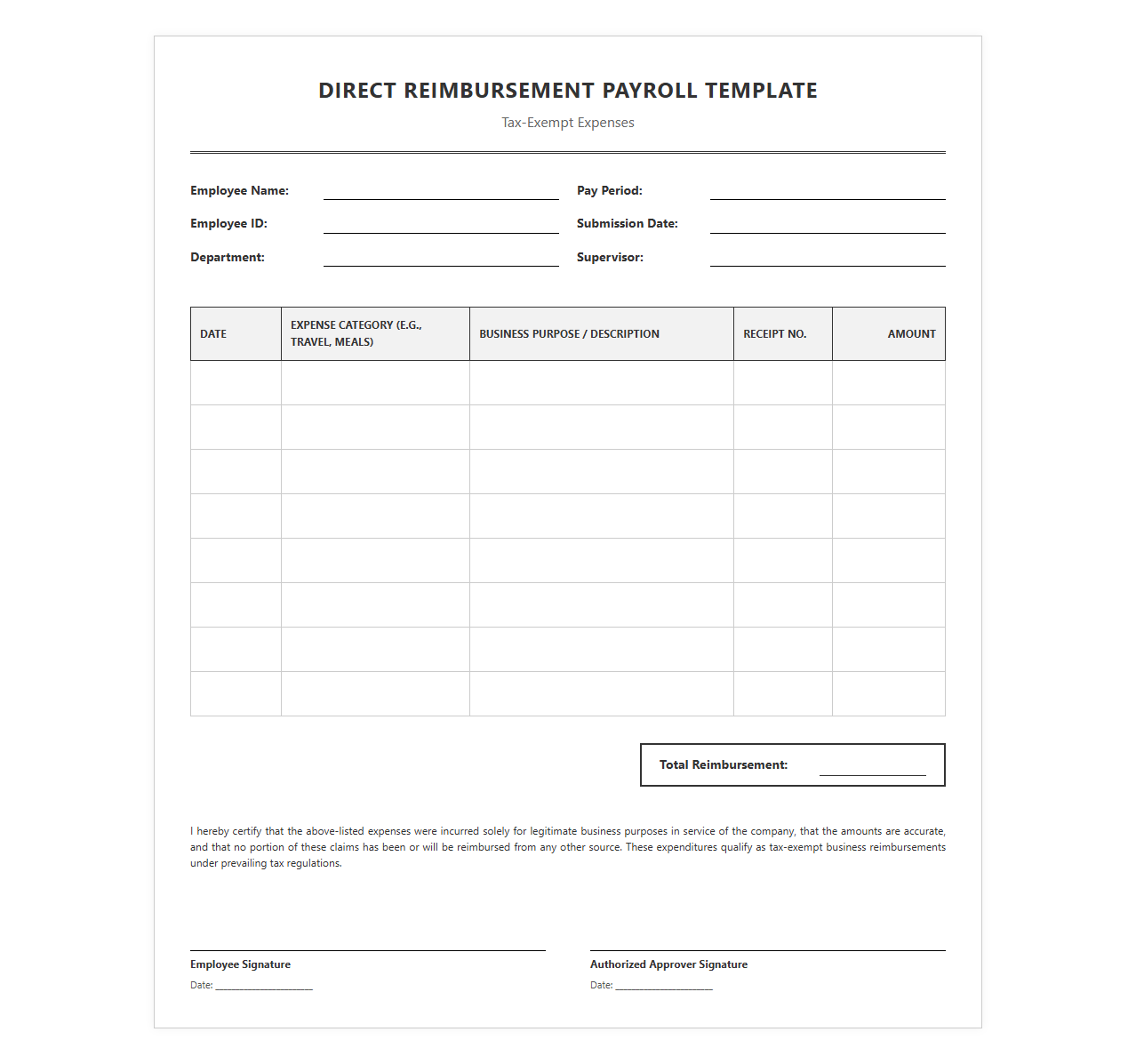 Direct Reimbursement Payroll Template for Tax-Exempt Expenses