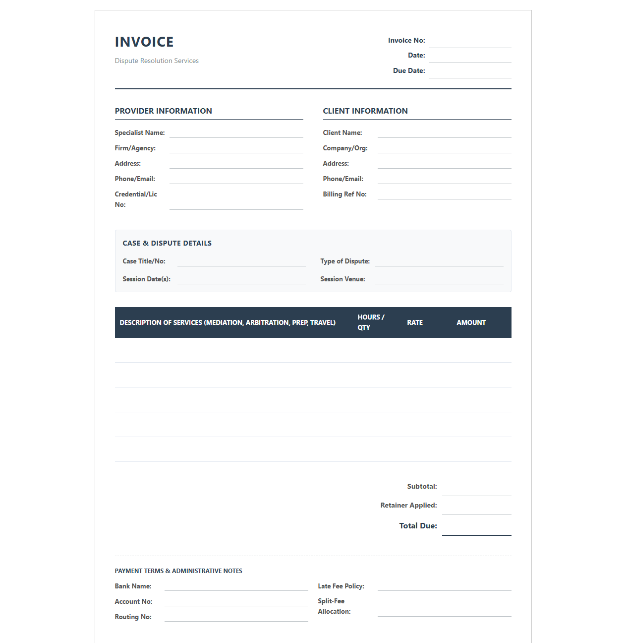 Dispute Resolution Specialist Invoice Form