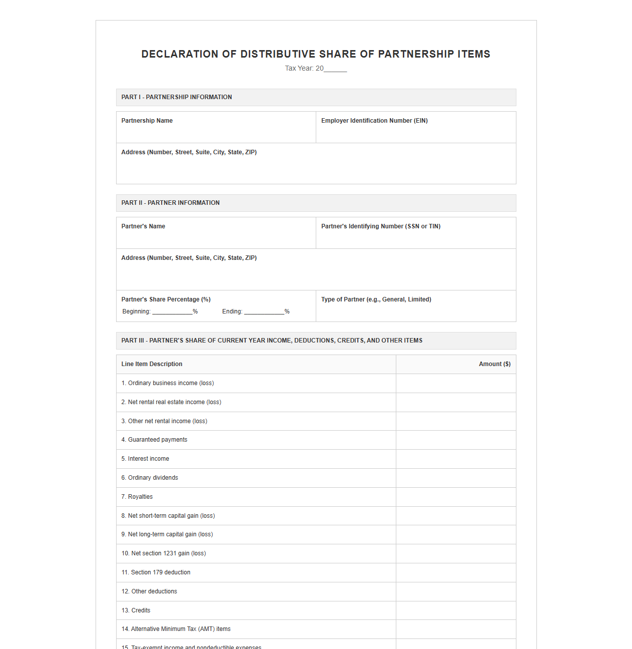 Distributive Share of Partnership Income Declaration Template