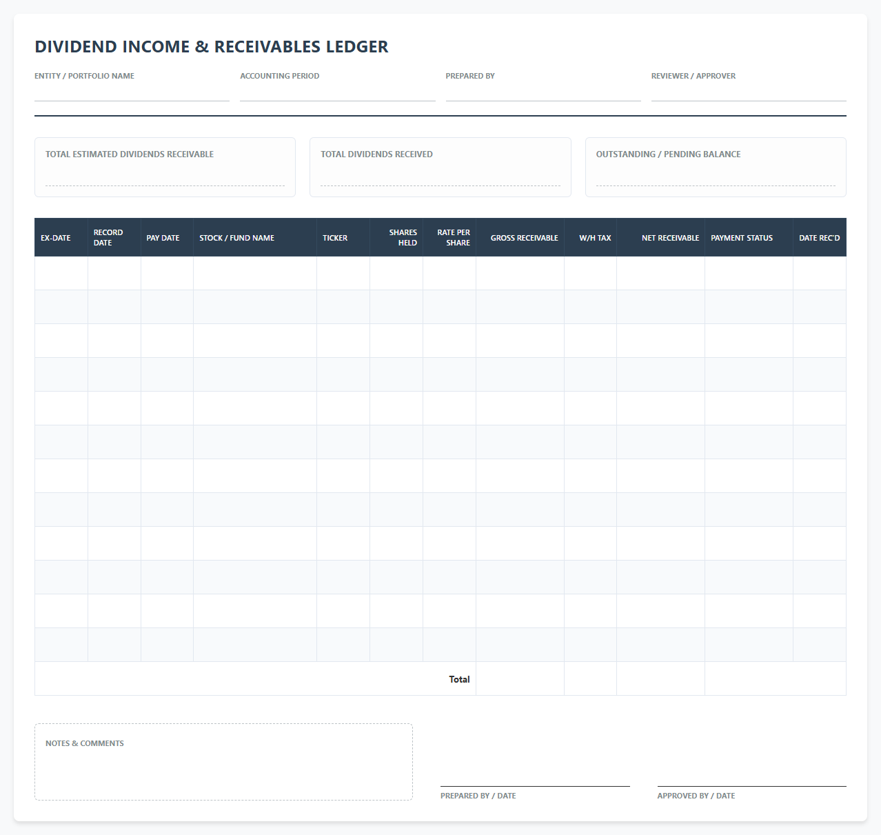 Dividend Income and Receivables Tracking Ledger
