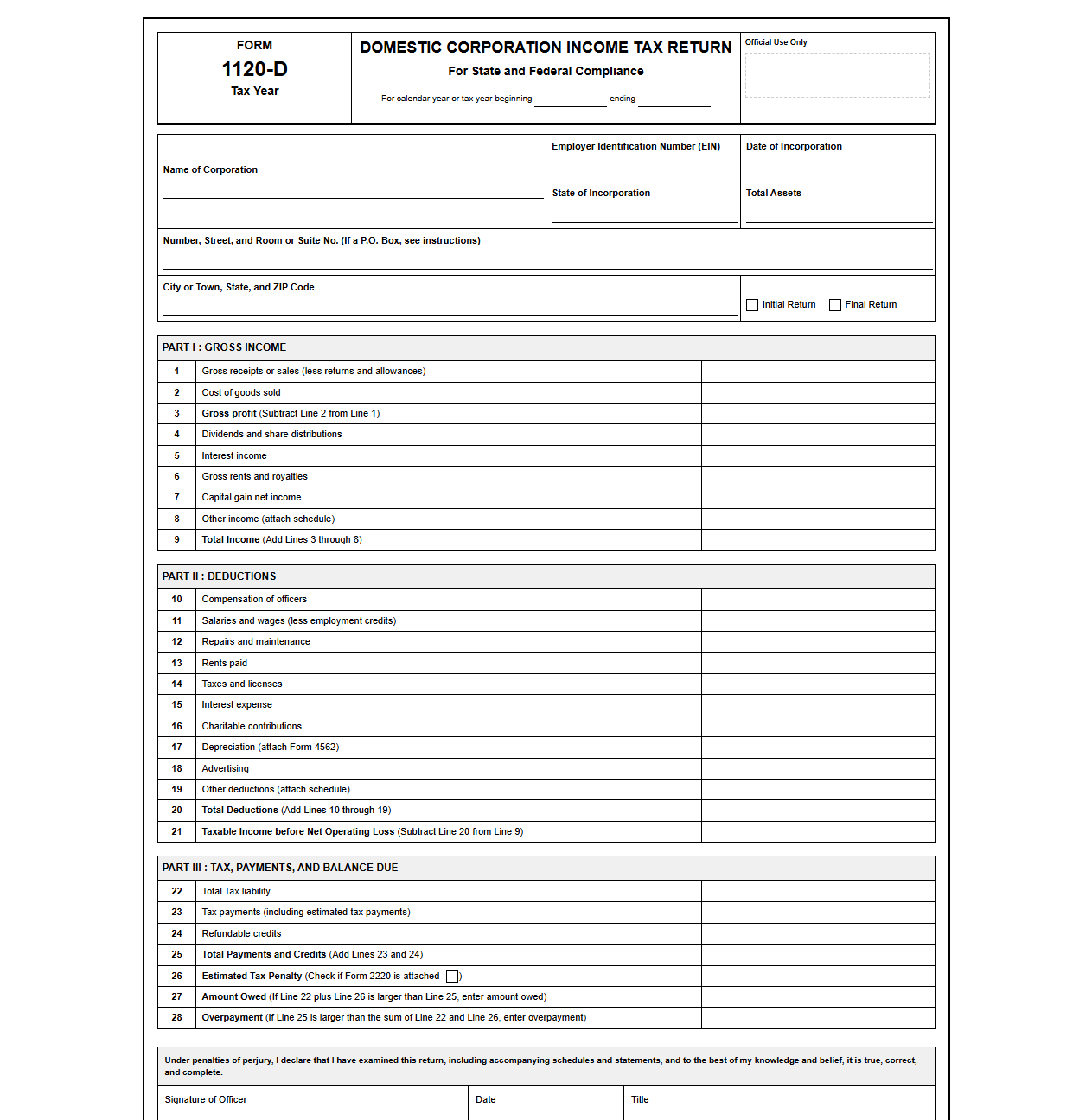 Domestic Corporation Income Tax Return Template