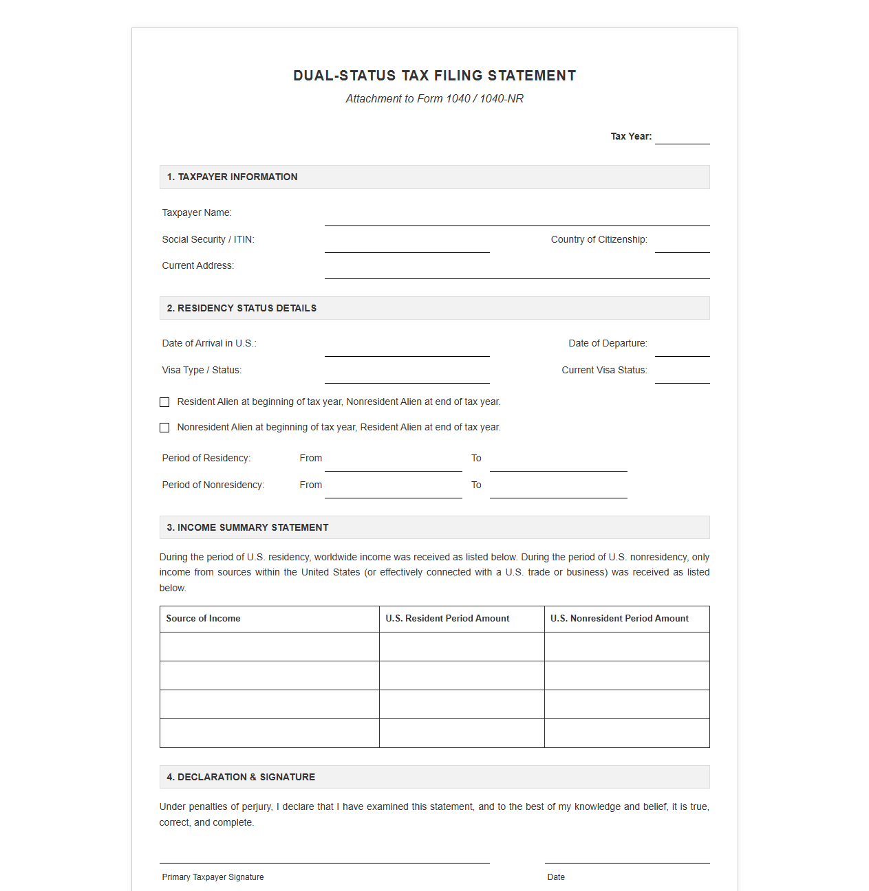 Dual-Status Tax Filing Statement Template
