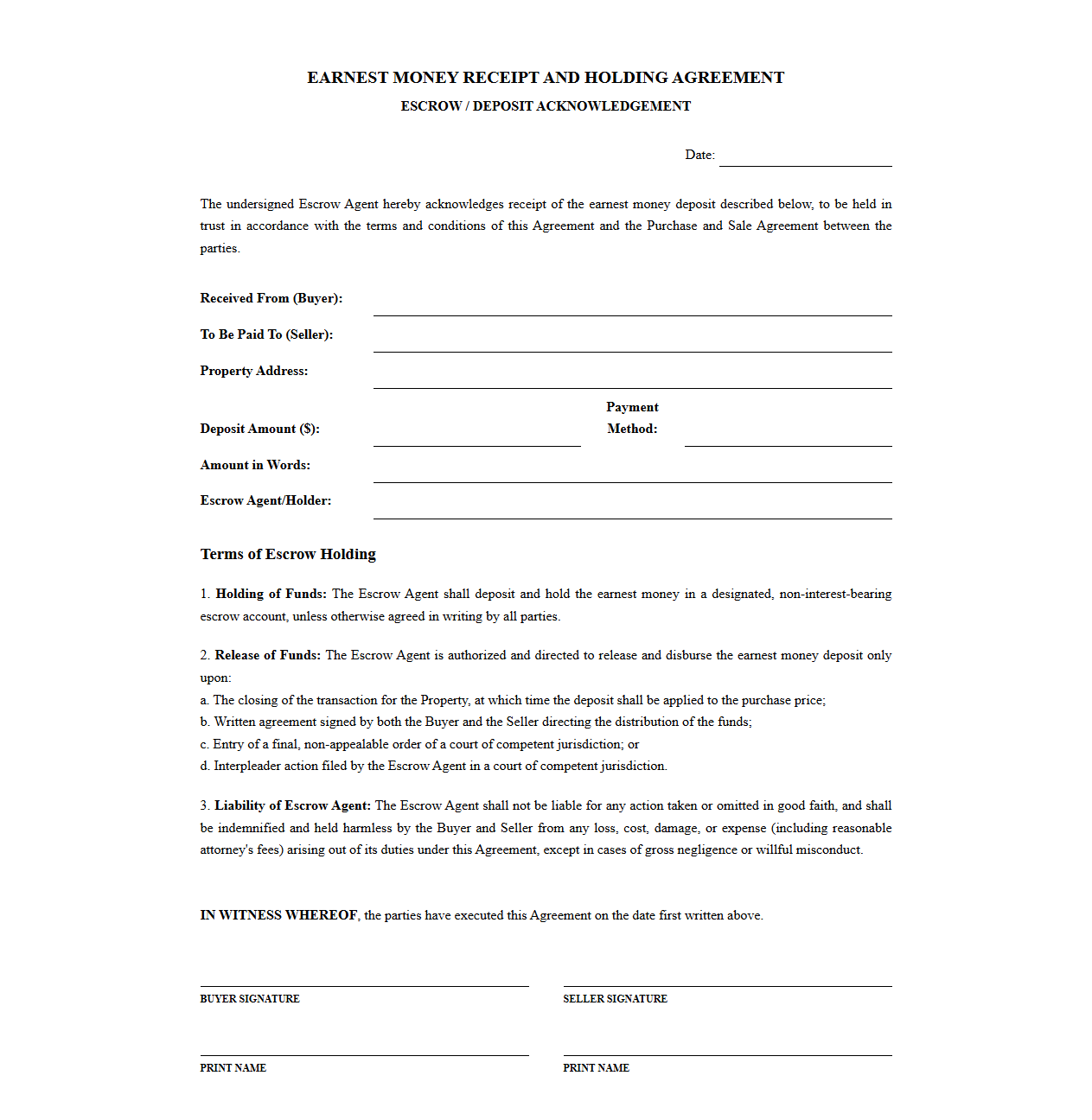 Earnest Money Holding Agreement and Receipt