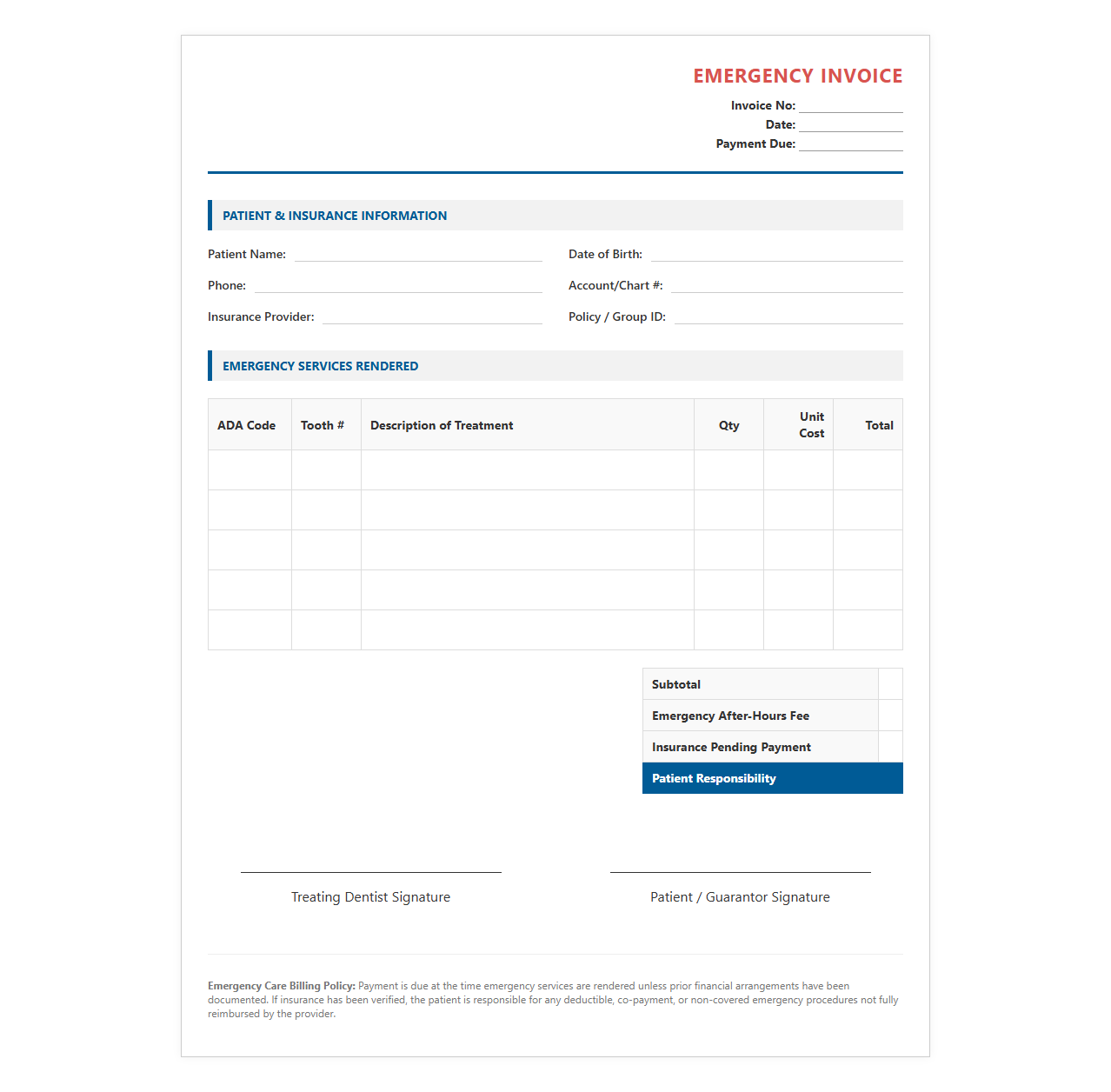 Emergency Dental Care Service Invoice