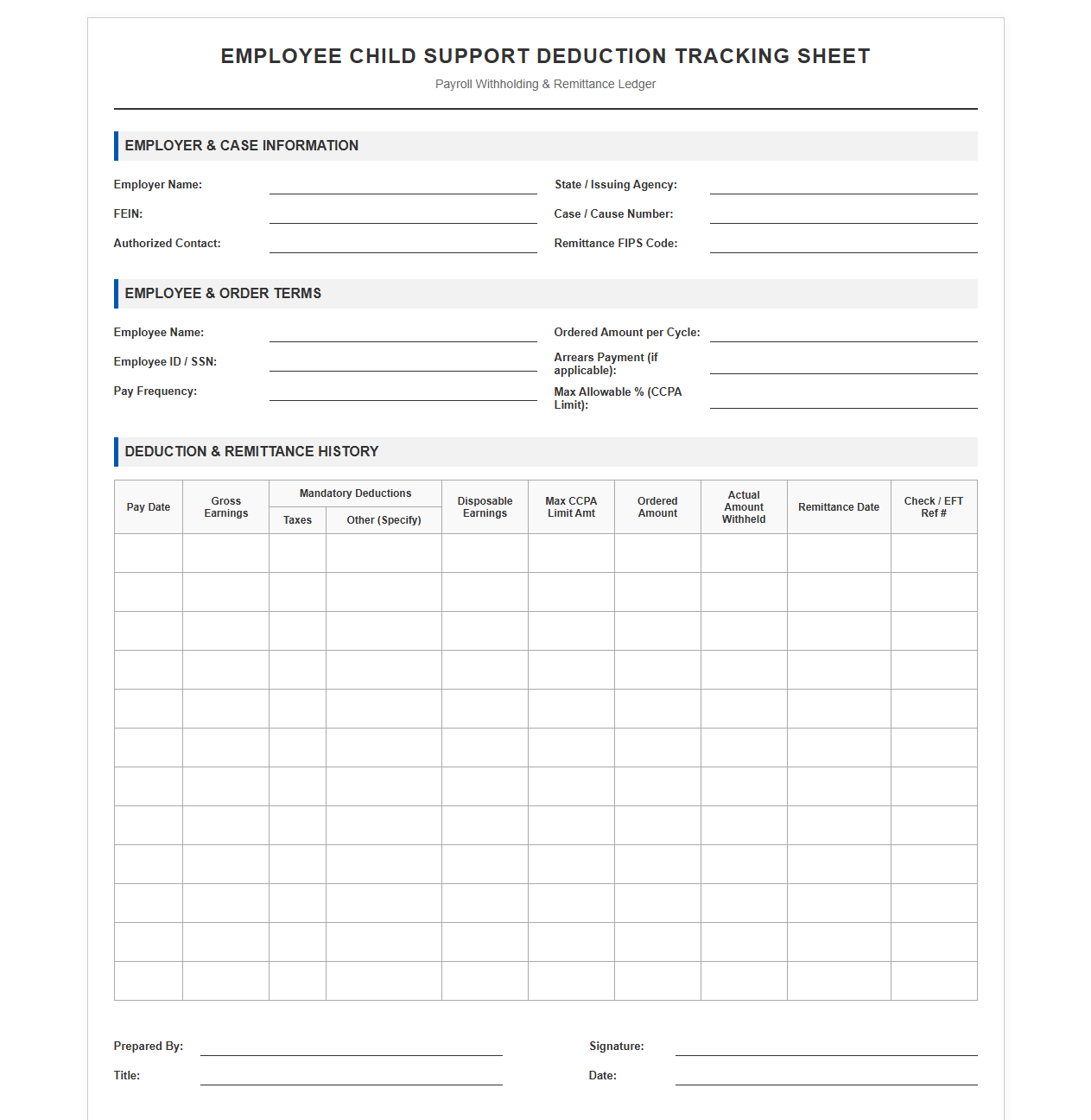 Employee Child Support Deduction Tracking Sheet