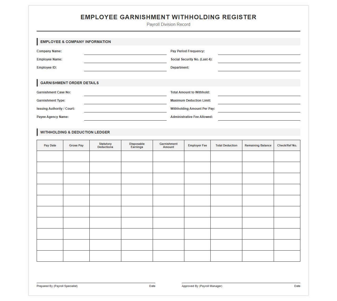 Employee Garnishment Withholding Register