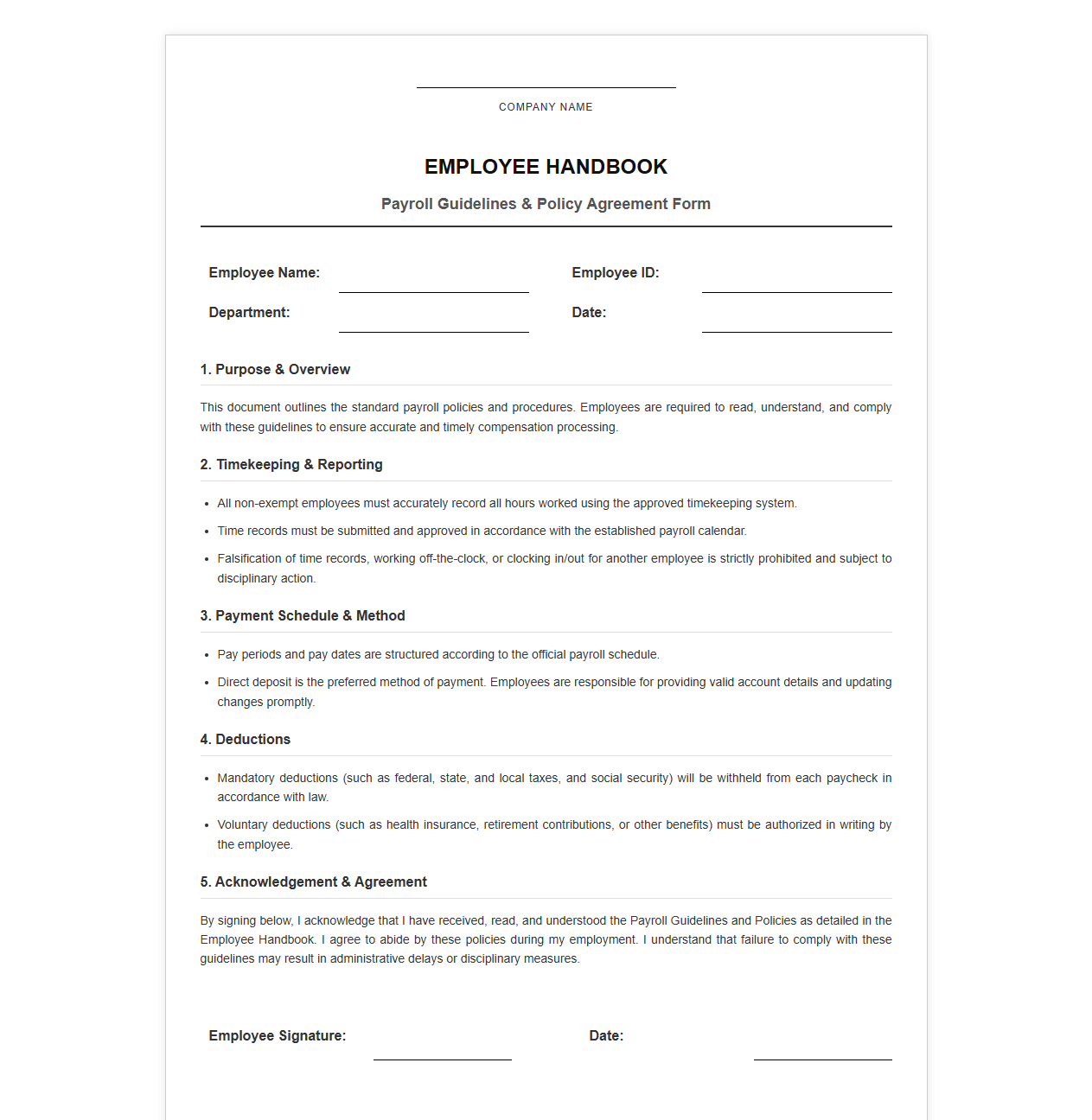 Employee Handbook Payroll Guidelines and Policy Agreement Form