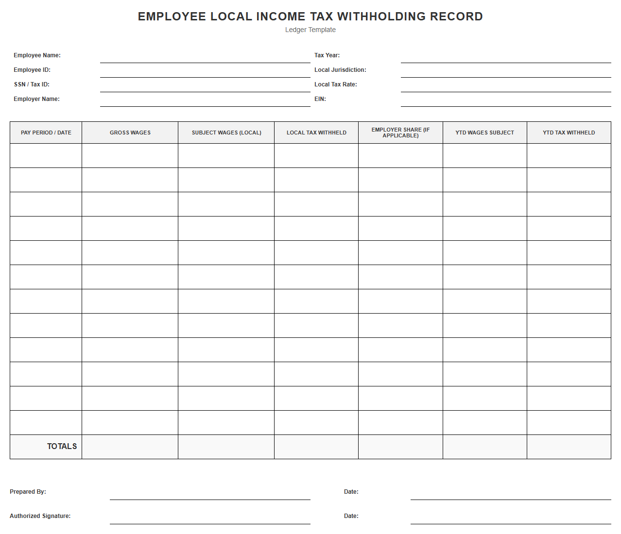 Employee Local Income Tax Withholding Record