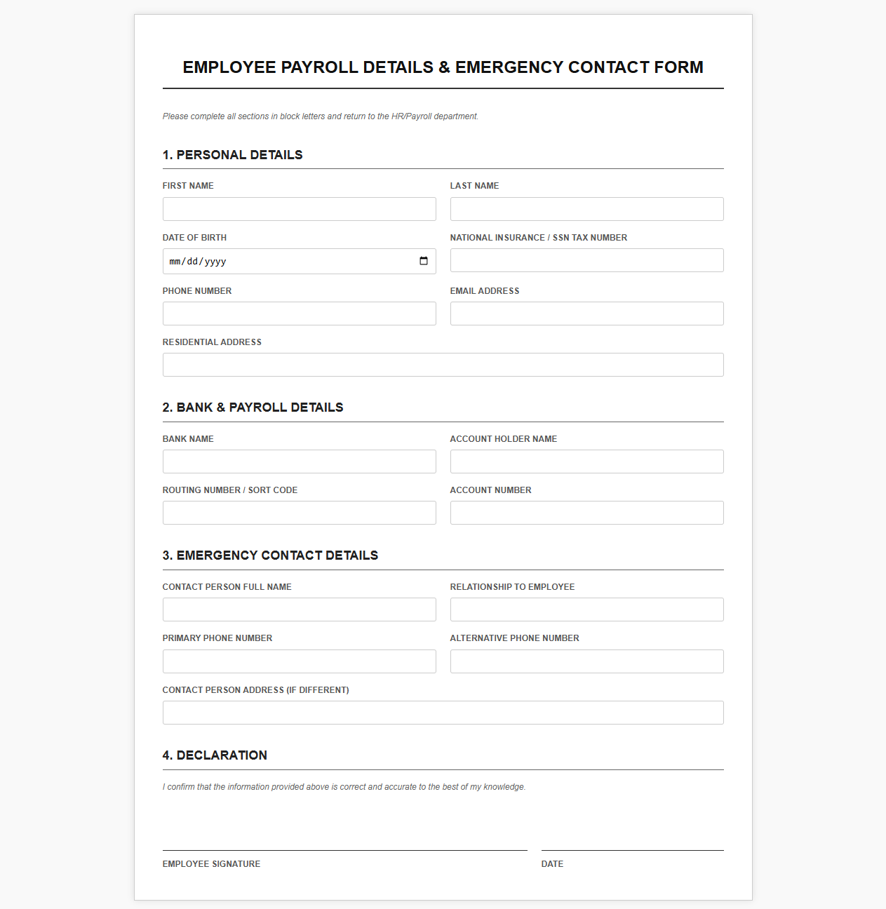 Employee Payroll Details and Emergency Contact Form