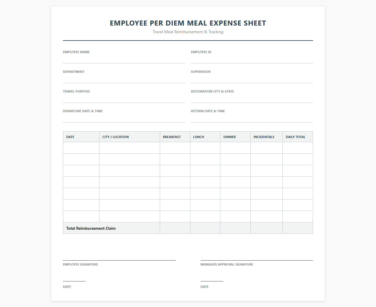 Employee Per Diem Meal Expense Sheet