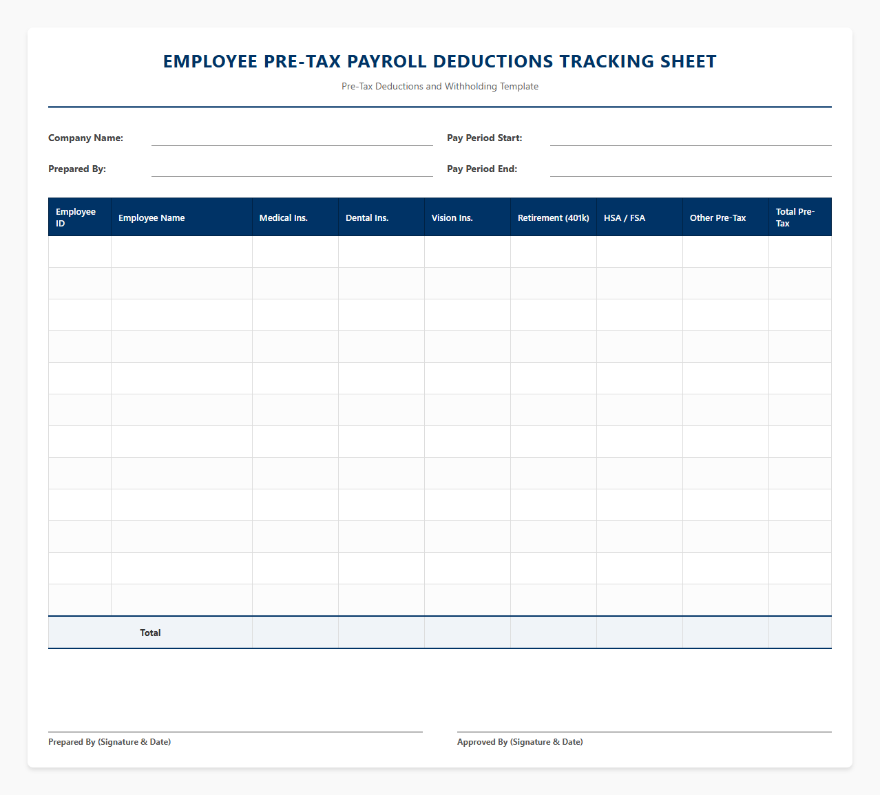 Employee Pre-Tax Payroll Deductions Tracking Sheet