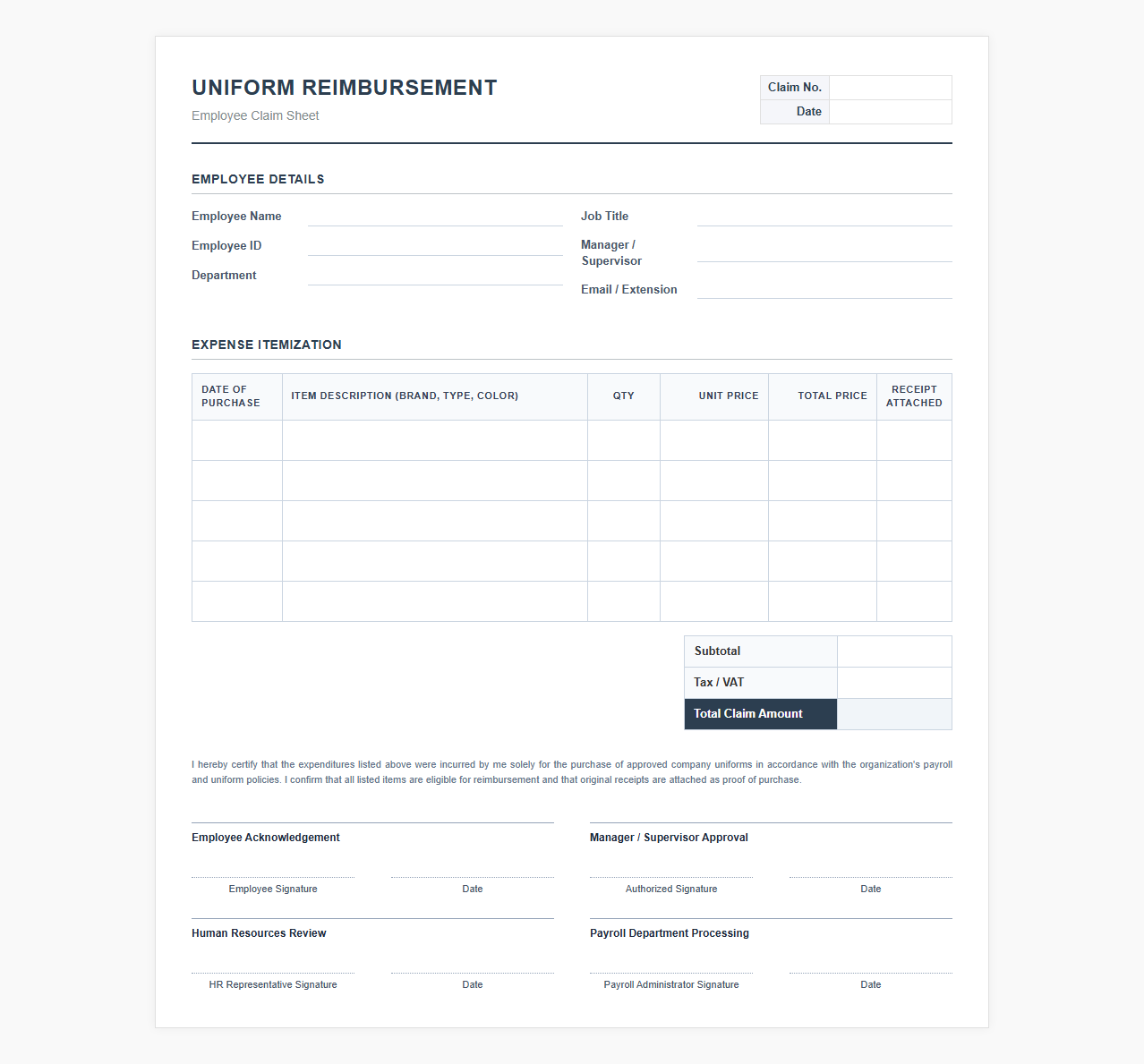 Employee Uniform Reimbursement Claim Sheet